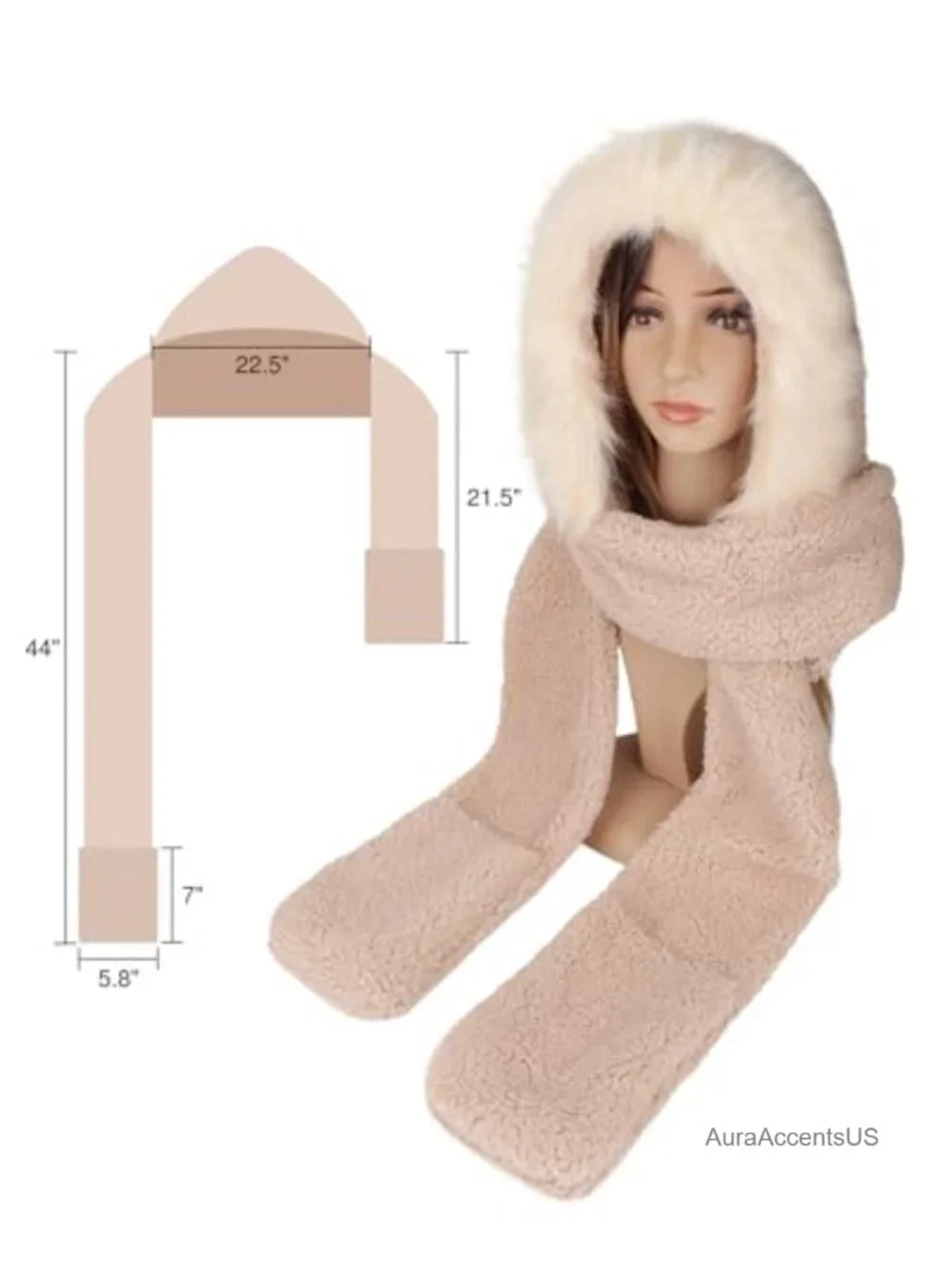 Faux Sherpa Hooded Scarf with Faux Fur Trim 3-in-1 Hat Gloves Set Winter